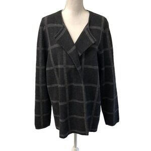 Eileen Fisher Wool Cardigan Sweater Jumper Womens XL Black Gray Plaid Office
